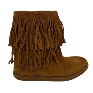 Justice Girls Size 4 Brown Suede Fringed Pull Up Boots Faux Sheepskin Bohemian